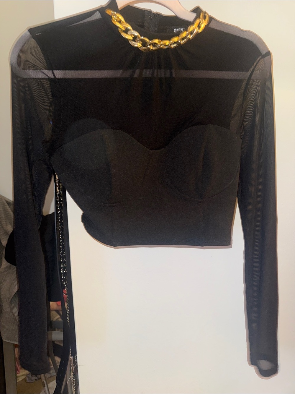 privy Black Sheer Long-Sleeve Crop Top with Gold Chain
